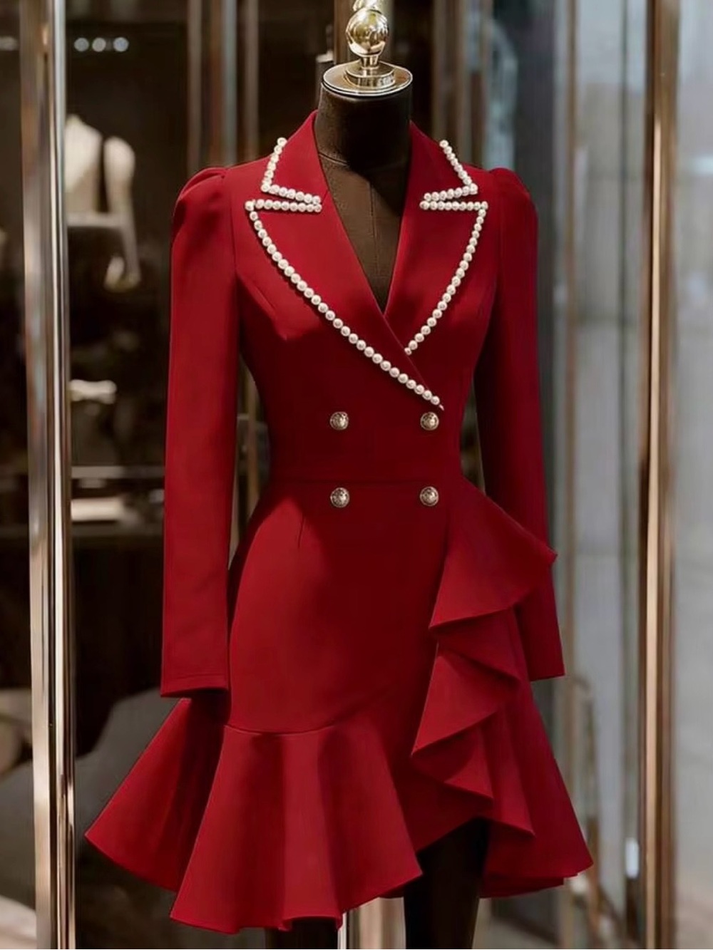 SHEIN Red Pearl-Trim Double-Breasted Ruffle Dress